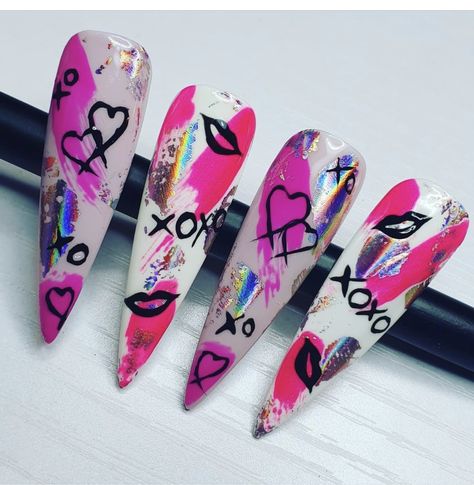 Stiletto Nail Art Valentine, Graphic Nails Designs, Lips On Nails Design, Hair Stylist Nails, Valentines Pop Art Nails, Pop Art Valentines Nails, Punk Valentines Nails, Neon Valentines Nails, Abstract Valentines Nails