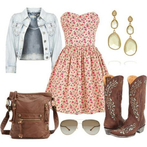 @_@ :) Spring Country Outfits, Country Girl Outfits, Mode Rockabilly, Dress And Boots, Floral Prom Dresses, Cute Country Outfits, Country Girls Outfits, Estilo Country, Country Dresses