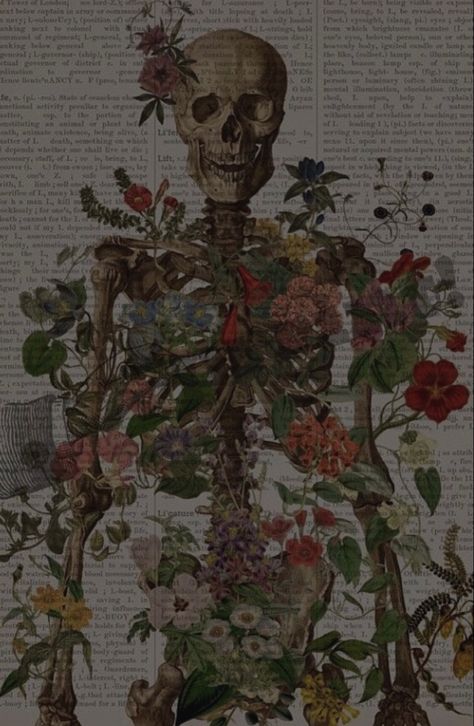 Skeletons In Nature, Skeleton Wallpaper Flowers, Skeleton With Flowers Growing Out Of It, Skull Flower Wallpaper, Skeleton Lockscreen, Skeletons Wallpaper Aesthetic, Skeleton Flowers, Sticker Board, Skeleton Artwork