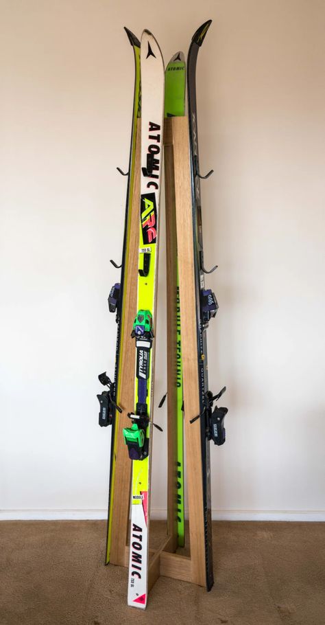 DIY Project Two: Ski Coat Rack – Brightside Story Studio Diy Ski Rack, Ski Coat Rack, Coat Rack Diy, Diy Stand, Ski House Decor, Industrial Coat Rack, Old Skis, Diy Coat Rack, Ski Rack