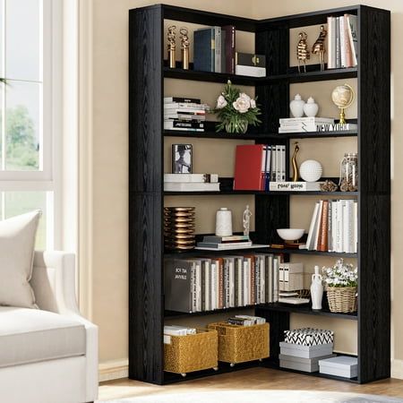 Office Bookshelves Standing Shelves, Home Office Book Shelves Black, Masculine Office Standing Shelves, Black And Wood Book Shelf, Home Office Bookshelves, Corner Etagere, Bookshelves Display, Large Bookshelf, Bookshelves For Small Spaces