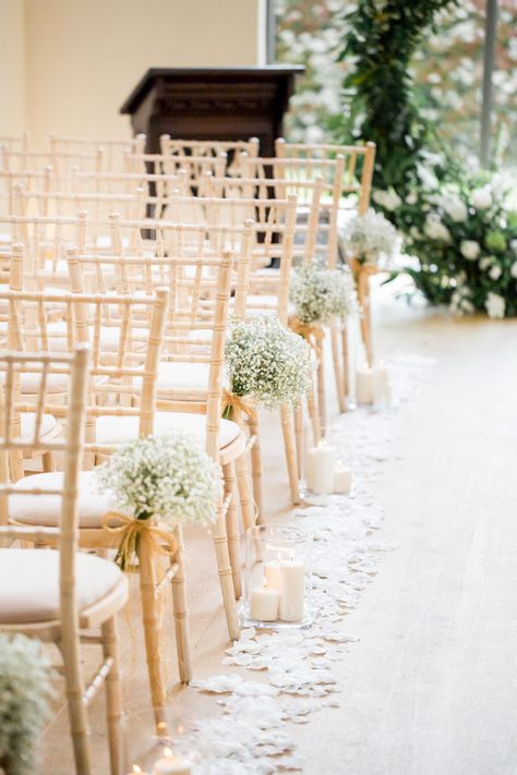 Gypsophila Wedding Ceremony, Minimal Aisle Decor, Wedding Aisle Indoor, Petals Down Aisle, Candlelit Wedding Ceremony, Romantic Candlelit Wedding, Wedding Aisle Candles, Isle Decorations, Millwick Wedding