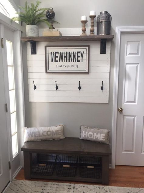 Entryway Hall Tree Bench, Hall Tree Bench, Entryway Hall Tree, Entryway Hall, Tree Bench, Mudroom Decor, Shiplap Wall, Front Entryway, Family Name Sign