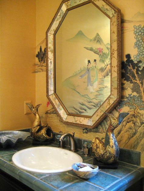 Asian Bathroom, Asian Inspired Decor, Geometric Mirror, Chinese Wallpaper, Chinese Interior, Hand Painted Wallpaper, Asian Homes, Silk Wallpaper, Asian Home Decor