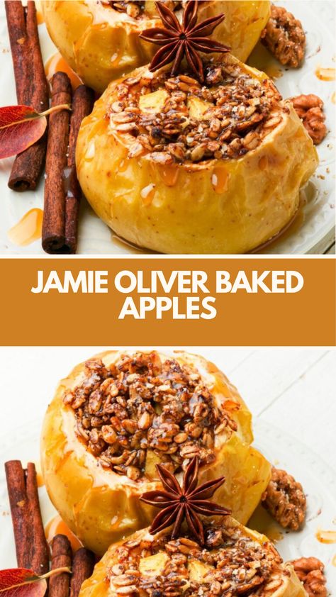 Jamie Oliver Baked Apples are made with unsalted butter, brown sugar, ground cinnamon, ground nutmeg, old-fashioned whole rolled oats, and large apples. This easy Jamie Oliver Baked Apples recipe creates a delicious dessert that takes about 1 hour to prepare and can serve up to 4 people. Baked Whole Apples, Baked Apples Recipe, Baked Apple Recipes, Jamie Oliver Recipes, Oatmeal Raisin, Ground Nutmeg, 4 People, Jamie Oliver, Baked Apples