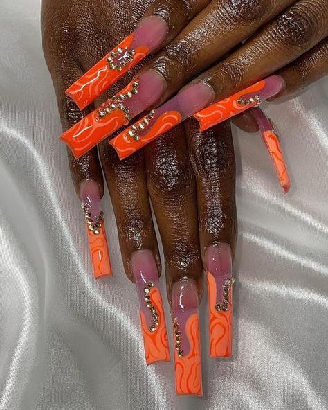 nail artist 🎨 on Instagram: "orange and swirls 💫🧡🥕 ❥ client brought inspo from @uprisinglioness_ using “ half-well extendo tips” from @dimenailsupply // code: DOLL10 for extra savings! <3 ❥ #dmvnails #703 #vanails #dmvnailtech #vanailtech #nailsofinstagram #explorepage #nailporn #pinterestnails #ignails #nailartist #tiktoknails #703nailtech #nailartist #nailinspo #blacknailtech #virginianailtech #acrylicnails #longnailsblackgirl #extranails #dmvmua #orangenails #recreationnails #blingnails" Extendo Nails, Orange Nails, Nail Art Galleries, Bling Nails, Long Acrylic Nails, Artist On Instagram, Nail Artist, Nail Tech, How To Do Nails