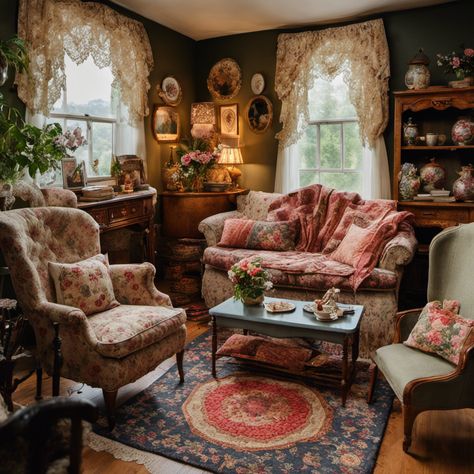 What Is Granny Chic Decor Granny Chic Living Room, Floral Couch Living Room Vintage, Grandma Chic Decor, Country Cottage Living Room With Floral Sofa, Vintage Floral Sofa, Red Plaid Sofa Country Living, English Country Decor Living Room, Granny Chic Decor, Old English Cottage