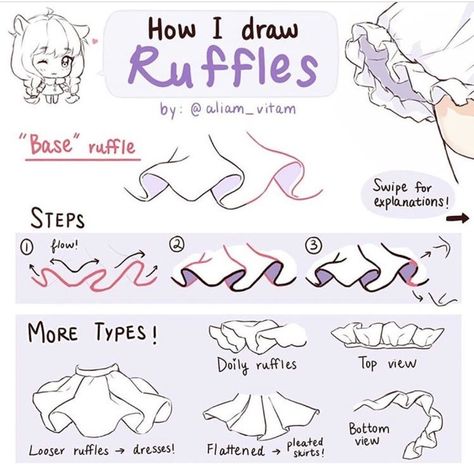 How To Draw Folds In Skirts, How To Draw Skirts Ruffles, Skirt Ruffles Reference Drawing, How To Draw A Ruffled Skirt, Ruffle Art Reference, Ruffle Dress Drawing Reference, Skirt Ruffles Drawing Tutorial, Clothing Ruffles Drawing, Skirt Wrinkles Reference