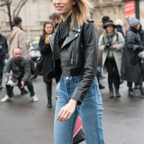 8 Surprising Ways to Rock a Moto Jacket - Play with Proportions  from InStyle.com Faux Jacket Outfit, Black Moto Jacket Outfit, Moto Jacket Outfit, Faux Jacket, Outfits To Try, Staple Tops, Black Leather Moto Jacket, Black Moto Jacket, Outfits To Wear