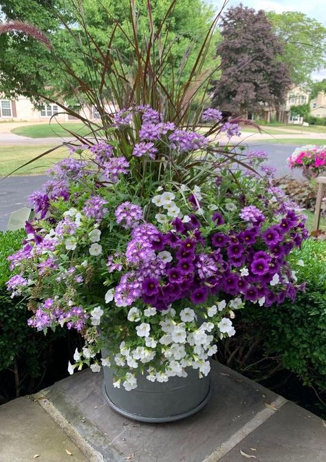 Annual Flower Arrangements In Pots, Fountains Planted With Flowers, Flower Planter Ideas Outdoor Full Sun, Landscape With Flower Pots, Annual Flower Pots Ideas, Outside Potted Plant Ideas, Full Sun Flower Pot Ideas, Container Flowers Combinations, Large Container Planting Ideas