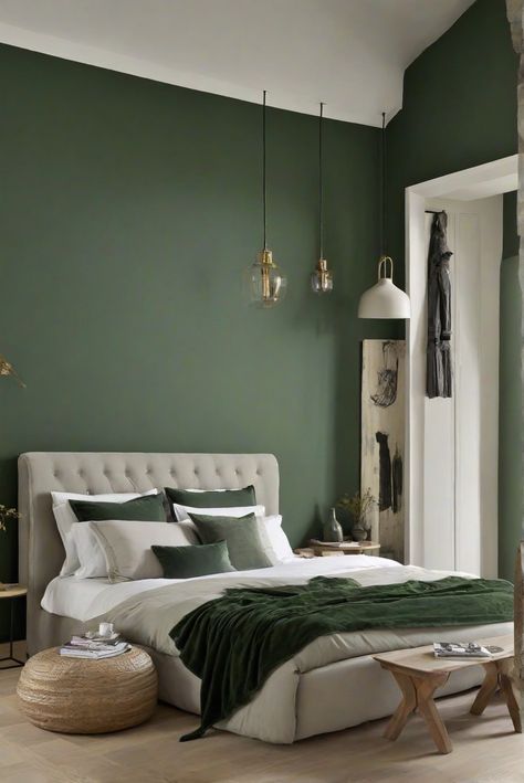 home decor interior design, interior bedroom design, living room interior, designer wall paint Forest Green Feature Wall Bedroom, Girls Room Paint, Bedroom Board, 2024 Bedroom, Green Painted Walls, Interior Design Principles, Feature Wall Bedroom, Dark Wood Furniture, Accent Wall Colors