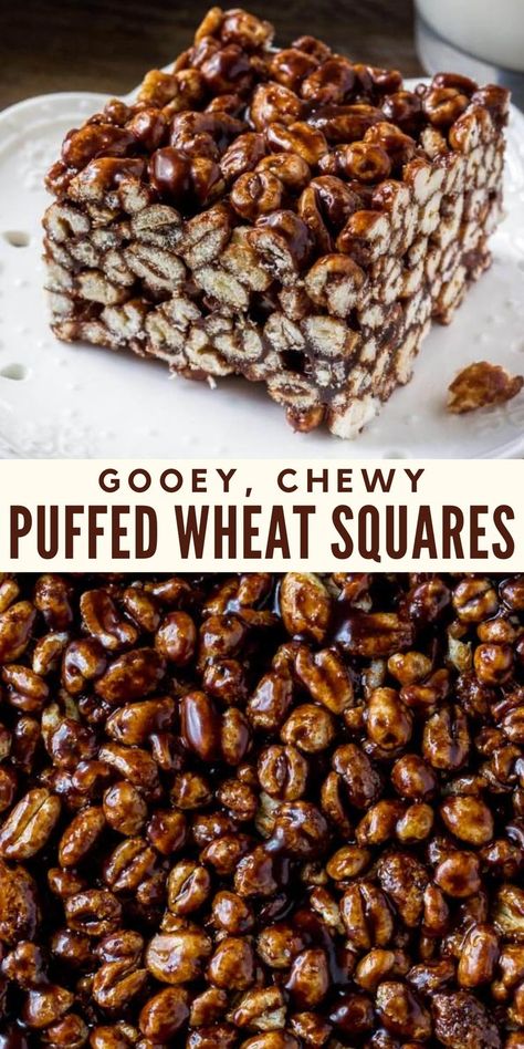 The perfect puffed wheat squares - just like grandma made! Chewy, a little gooey and filled with chocolate #puffedwheat #puffwheat #chocolate #retrodesserts #oldfashioned #easy from Just So Tasty Puffed Wheat Cake, Chocolate Cereal Treats, Puffed Wheat Squares, Puffed Wheat, Dessert Squares, Easy Treat, Square Recipes, Cereal Treats, Easy Treats