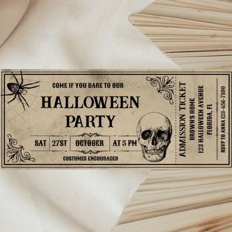 Halloween Ticket Design, Halloween Invitation Ideas Diy, Halloween Invations Ideas, Halloween Party Invitations Ideas, Halloween Party Aesthetic Grunge, Halloween Party Invitations For Adults, Halloween Invitation Ideas, Halloween Tickets, Aesthetic Halloween Party