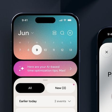 Orizon Design UI UX Web on Instagram: "Shoutout to @maxdesign.os 👏 for this sleek AI Calendar app 🗓️✨. Beautiful gradient backgrounds with a crisp layout help this calendar app stand out 🌈📅. Let us know what you think in the comments! 👇 #AICalendar #AppDesign #CalendarApp #UserExperience #SleekDesign #TechInnovation" Gradient App Design, Gradient Ui Design, Simple App Design, Calendar App Design, Calendar Ui Design, Calender Ui, Ios App Design Inspiration, Ios App Logo, Profile App