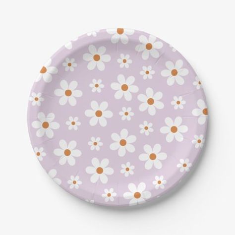 Hippie Baby Shower, Daisy Purple, Retro Birthday Parties, Birthday Plates, Spring Birthday Party, Daisy Cakes, Purple Paper, Daisy Party, Hippie Baby