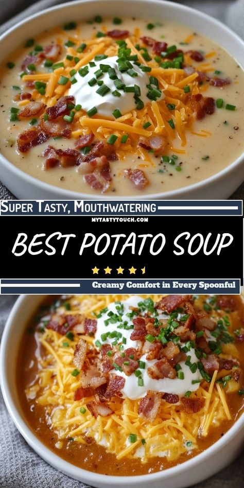 I can't get enough of this creamy potato soup! Topped with crispy bacon, sharp cheddar cheese, and a dollop of sour cream, this dish is pure comfort in every spoonful. Perfect for chilly nights when you need something warm and satisfying. Let me show you how to make the best potato soup you'll ever taste! Smokey Potato Soup, Scalloped Potato Soup, Copycat Ocharleys Loaded Potato Soup, Cheesy Potato Soup With Ham, Potato Soup Chunky, Best Easy Potato Soup, Best Potato Soup Ever, Cheddars Copycat Potato Soup Recipe, Blended Potato Soup