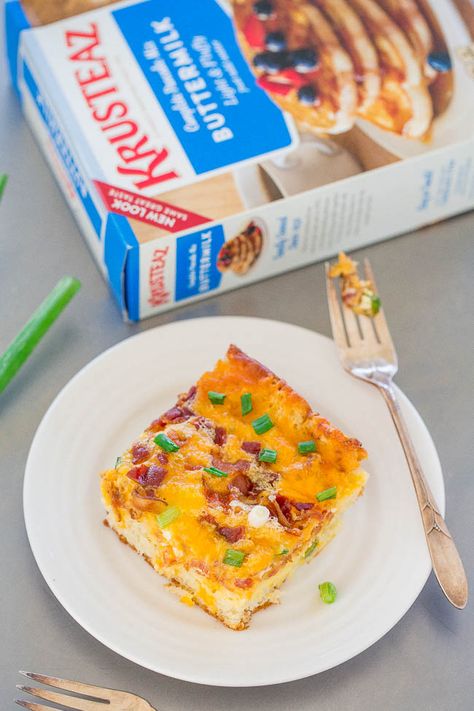 Bacon Cheddar Egg Casserole - Crisp bacon, melted cheese, and green onions add so much FLAVOR!! Hearty but stays perfectly light thanks to a secret ingredient! EASY and perfect for breakfast, lazy brunches, or breakfast-for-dinner!! Egg Casserole With Bacon, Cheesy Egg Casserole, Krusteaz Pancake Mix Recipes, Bacon Egg And Cheese Casserole, Krusteaz Recipes, Breakfast Casserole With Bacon, Pancake Mix Uses, Krusteaz Pancake Mix, Egg And Cheese Casserole