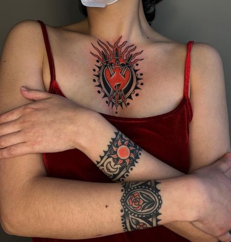 Trad Chest Tattoo Female, American Traditional Chest Piece, Traditional Chest Tattoo Female, Chest Tattoo Traditional, American Traditional Chest Tattoo, Traditional Chest Tattoo, Trad Tattoos, Traditional Chest, Framed Tattoo