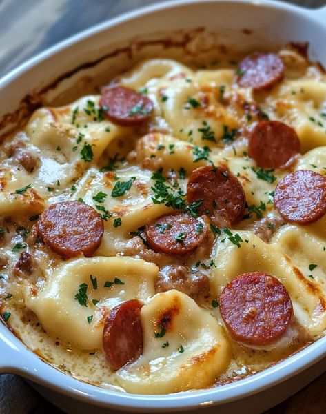 Sausage And Perogies Recipes Crockpot, Crockpot Recipes Perogies, Pierogi And Sausage Soup, Cajun Pierogi Bake, Crockpot Sausage Casserole, Crockpot Perogie And Sausage, Kielbasa And Egg Noodles, Slow Cooker Pierogies And Kielbasa, Keilbasa Pierogi Recipes