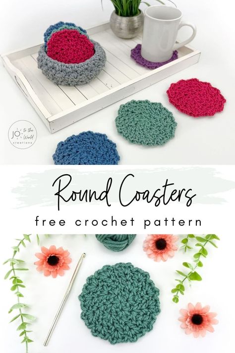 Crochet Round Coasters - Free Circular Coaster Pattern | Jo to the World Creations Crochet Cup Coaster, Cotton Crochet Patterns, Crochet Blanket Diy, Crocheted Coasters, Crochet Coasters Free Pattern, Flower Coaster, Coaster Pattern, Mug Rug Patterns, Crochet Classes