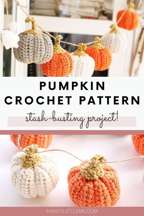 Make a set of mini crochet pumpkins to decorate your home this fall. Make in a variety of colours to form a pumpkin garland to hang in your home. This free pumpkin crochet pattern is also great for stash busting and using up those leftover yarn scraps! #crochet #pumpkin #stashbuster #minipumpkin #pumpkindiy Leg Warmers Crochet Pattern, Pumpkin Crochet Pattern, Leg Warmers Pattern, Pumpkin Crochet, American Crochet, Crochet Bobble, Crochet Leg Warmers, Crochet Garland, Fall Crochet Patterns