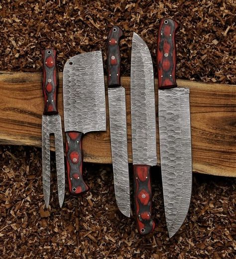 Handmade Damascus steel kitchen knives available for sale Handle Material: Wood, Brass bolster and Mosaic Pina Wood, Brass bolster and Mosaic Pin Color: Red & Brown Custom Bundle: Yes Knife Lengths: 9 to 13.5 inches. Type: Chef Knife Set Accessories: Leather Sheath Handles made of Hard Wood Sheat Sheet And Blade made of Damascus Twisted with 512 Layers 5 Piece Damascus Kitchen Chef Knife Set with bag to carry. Offered by Magnificent knives for kitchen, Camping & Hunting. Custom or H... Craft Knife Blades, Knife Guide, Chef Knife Set, Outdoor Knife, Custom Knife, Knife Sharpening, Hard Wood, Knife Set, Steel Kitchen