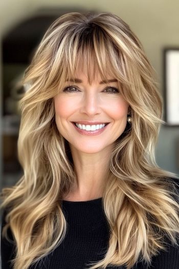 Save this pin for the best layered hair with bangs ideas. These stunning long layers add volume and lightness, preventing long hair from feeling heavy. The bangs create a soft frame that draws attention to your eyes. Long Hair Styles With Layers And Bangs, Long Haircut With Layers Fine Hair, Long Layer With Bangs Haircut, Long Shaggy Layers With Bangs, Long Haircuts With Bangs Round Face, Long Hair Heavy Bangs, Women’s Long Length Hairstyles, Long Curtain Bangs Face Framing Layers Long Hair, Layered Hair From The Back