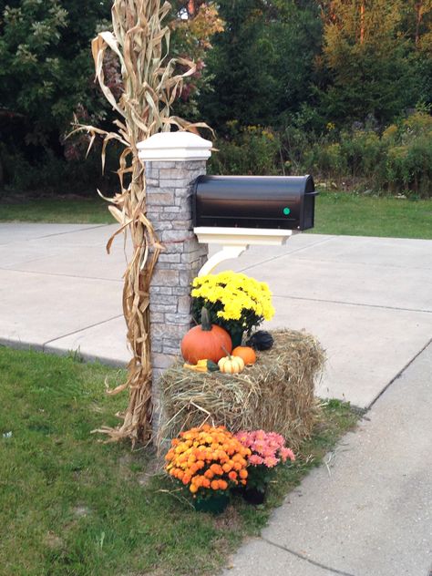 Fall mailbox Fall Mailbox Decor, Mailbox Decorations, Fall Mailbox, Blue Fall Decor, Mailbox Garden, Fall Yard Decor, Diy Mailbox, Mailbox Decor, Cupcake Birthday