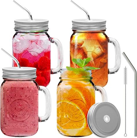 16oz Glass Mason Jar with Lid and Straw Set of 4 - Mason Jars with Handle for Cold Drinks - Glass Mason Jars with Metal Mason Jar Lids with Straw Hole and Stainless Steel Straws Mason Jar Uses, Mason Jar Drinking Glasses, Jar Cups, Mason Jar Glasses, Mason Jars With Handles, Mason Jar Mugs, Mason Jar Cups, Drinking Jars, Wide Mouth Mason Jars