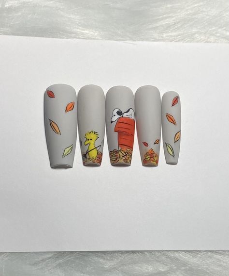 Woodstock and snoopy nails | snoopy nails | comes with buffer, cuticle pusher, nail glue ! Snoopy Fall Nail Designs, Charlie Brown Nails Thanksgiving, Snoopy Nails Fall, Snoopy Nails Design, Charlie Brown Thanksgiving Nails, Snoopy Thanksgiving Nails, Snoopy Halloween Nails, Snoopy Fall Nails, Snoopy Christmas Nails