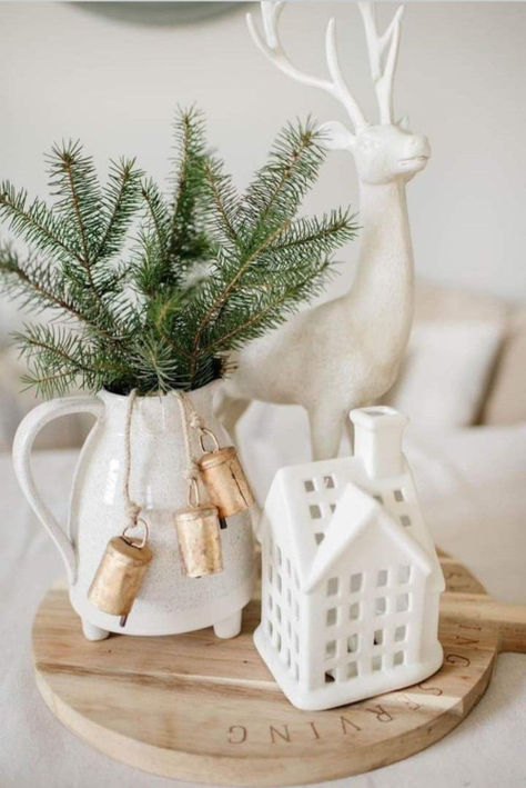 28 Gorgeous Winter Table Centerpiece Ideas That Are Perfect For The Holidays White And Natural Christmas Decor, White Green Brown Christmas Decor, Green And Neutral Christmas Decor, Neutral Color Christmas Decor, Christmas Neutral Decor, White Green Christmas Decor, Christmas Trends 2023/24, Nude Christmas Decor, Cream Christmas Decor