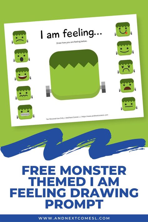 A screenshot of a Halloween printable for kids that shows a blank Frankenstein's monster face with other Halloween emojis on the sides. There is a text overlay that says Free Monster Themed I am Feeling Drawing Prompt. Crankenstein Activities, Feeling Drawing, Kindergarten Drawing, Emotions Preschool, Halloween Themed Activities, Feelings Activities, Free Printable Halloween, Emotions Activities, Feelings Chart