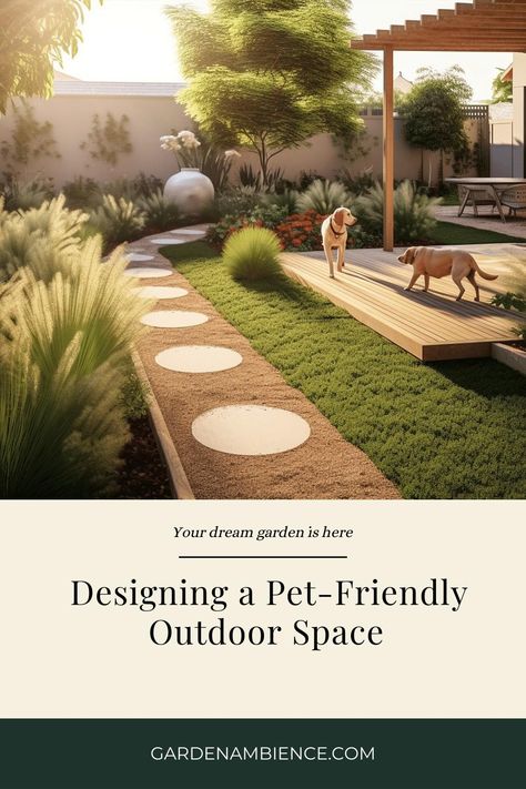 Tips and ideas for creating an outdoor space that's safe and enjoyable for your pets. Learn about pet-friendly plants, secure fencing, and more. Pet Friendly House Ideas, Dog Friendly Garden Design, Yard Separation Ideas For Dogs, Pet Outdoor Area, Pet Friendly Garden Ideas, Small Garden For Dogs, Small Pet Friendly Backyard Ideas, Backyard Ideas Dog Friendly, Pet Friendly House Design