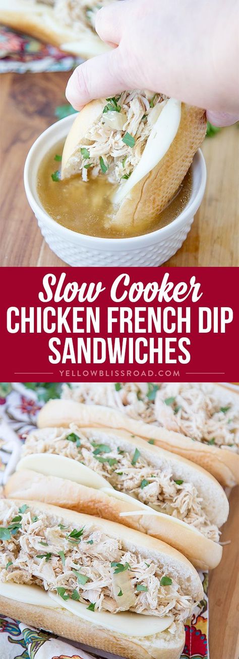 Slow Cooker Chicken French Dip Sandwiches recipe - Easy comfort food that's perfect for a busy weeknight dinner Chicken French Dip, Chicken French, French Dip Sandwiches, Toasted Baguette, Easy Sandwich, Dip Sandwiches, Easy Sandwich Recipes, French Dip Sandwich, French Dip