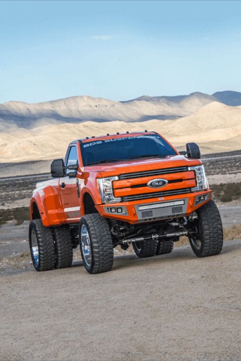 Some trucks are built to look good and turn heads, others are built for performance and capability. In the case of BDS Suspension’s latest creation, SD126, this 2017 Super Duty checks all those boxes. From the raptor-esque body styling and long travel suspension to the 42” off-road tires, bright orange paint and custom short wheelbase this truck has it all; ready to turn heads at any truck meet or blaze a trail through the open desert. F 350 Lifted Ford Super Duty, Cool Trucks Ford, Ford Pickup Trucks F150, Lifted Ford Trucks F250, F250 Super Duty Lifted, Dully Trucks, Truk Ford, Ford Dually, Sema Truck