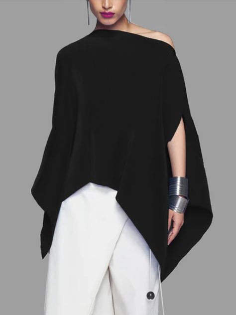 One Shoulder Shirt, Batwing Sleeve Blouse, Korean Casual, Shoulder Shirts, Solid Clothes, Batwing Sleeve, Bat Wings, Costumes For Women, Black Blouse