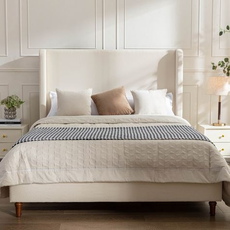 Harper Tall Headboard Upholstered Bed - Bed Bath & Beyond - 40624799 Headboard Full Size Bed, Wingback Upholstered Bed, King Bed Frame And Headboard, Upholstered King Beds, White Fabric Bed Frame, Beige King Bed, Upholstered Bed Frames, King Size Upholstered Bed, Tall King Headboard