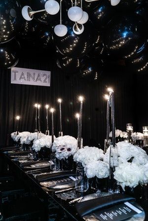 similar table setting with knife on the right, fork on the left Black Decor Party, All Black Decor, Dinner Party Decorations Table, Blackout Party, Luxury Birthday Party, Housewarming Ideas, All Black Party, Black Party Decorations, Birthday Venues