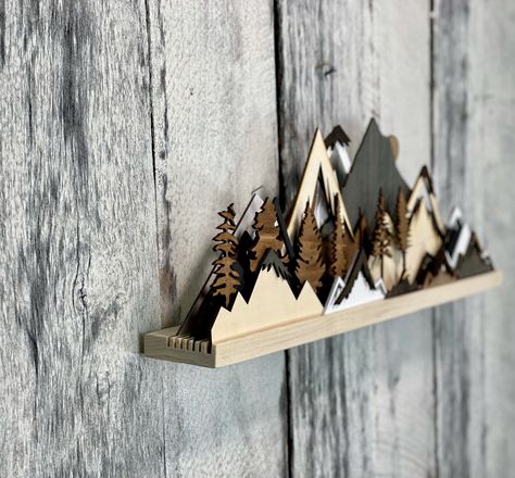 Mountain Sculpture, Hood Range, 3d Forest, Mountain Wood Art, Art Shelf, Laser Cut Wood Crafts, Wood Art Projects, Mountain Decor, Art Shelves