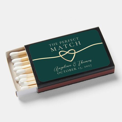 Simple, minimalist, modern, elegant emerald green personalized wedding favor matchboxes with romantic gold rope heart. The Perfect Match! Dark Green Wedding Details, Emerald Invitations Wedding, Champagne Gold And Emerald Green Wedding, Green And Brass Wedding, Forest Green Wedding Invitations, Emerald Green Wedding Theme Decor, Green And Gold Wedding Decor, Emerald And Gold Wedding Theme, Forest Green And Gold Wedding