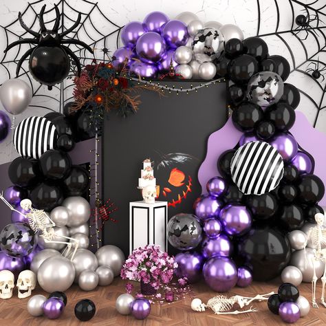 PRICES MAY VARY. Halloween Balloon Arch: The metallic purple halloween balloons set including: metallic purple balloons (5*5inch, 15*10inch), metallic silver balloons (5*5inch, 10*10inch), matt black balloons (15*5inch, 25*10inch), 2*striped foil balloons, 4*printed balloons, 1*spider balloon, 1*spider web balloon, 1*skull balloon. Halloween balloons add a fun, festive atmosphere to your Halloween party. Material: Our birthday balloons is made of advanced material and good safety latex material Foil Balloons Decoration, Black Silver Purple Halloween Party, Spider Balloon, Skull Balloon, Ballon Business, Spooky Birthday Party, Black Balloon Garland, Halloween Balloon Arch, Spider Cobweb