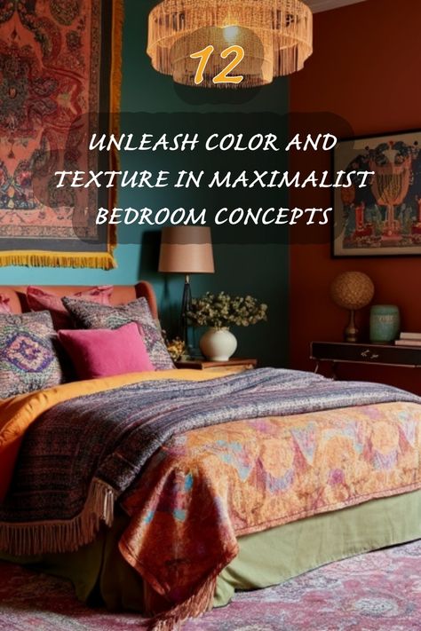 I'm absolutely in love with the vibrant colors and rich textures in this maximalist bedroom concept! The mix of patterns and textiles creates a cozy and inviting space that feels both bold and sophisticated. From the layered blankets to the statement wall art, every detail adds personality and charm. If you're looking to transform your bedroom into a stunning retreat, this style is surely the way to go! Bedroom Maximalist, Maximalist Bedrooms, Maximalist Bedroom Ideas, Japandi Dining Room, Bedroom Concept, Organic Modern Kitchen, Maximalist Bedroom, Statement Wall Art, Maximalist Design