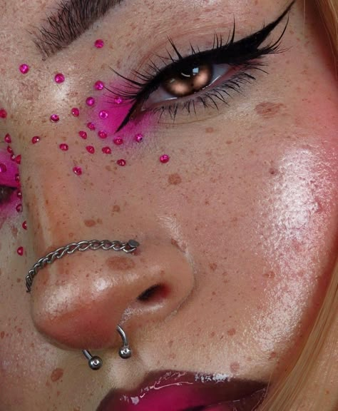 Spooky Cute Makeup, Pink Avant Garde Makeup, Gem Makeup, Make Up Aesthetic, Rhinestone Makeup, Carnival Makeup, Cute Eye Makeup, Pride Makeup, Rave Makeup