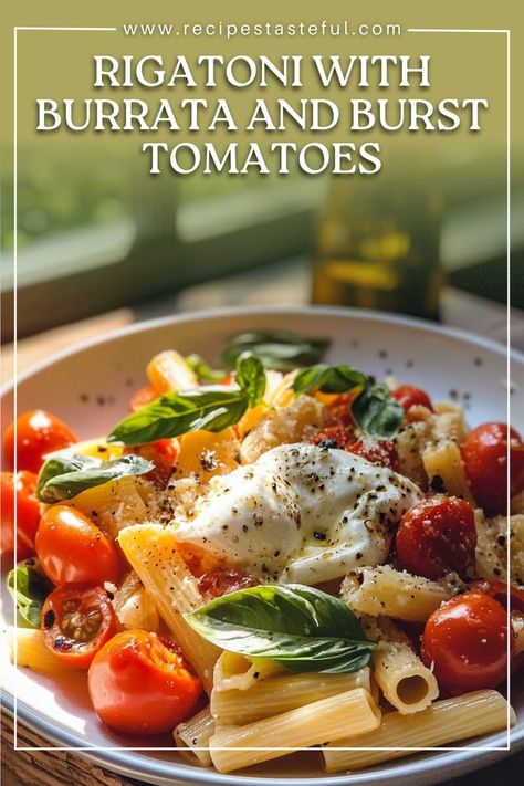 This Rigatoni with Burrata and Burst Tomatoes is a simple yet decadent pasta dish that showcases creamy burrata and sweet, juicy tomatoes. Perfect for a quick weeknight meal or an elegant dinner! Pasta And Burrata, Pasta With Burrata Recipe, Buratta Recipe Dinners, Buratta Recipe, Burrata Recipes, Burst Tomatoes, Burrata Pasta, Burrata Recipe, Tomatoes Recipe