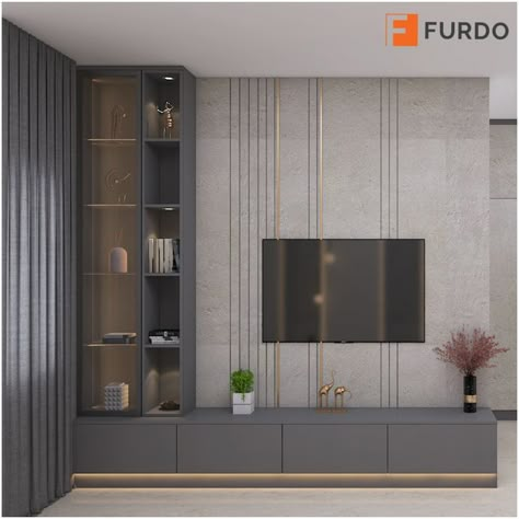 Want to get your home designed by Furdo? Book your FREE design consultation now! Tv Unit Back Wall Design, Bedroom Tv Unit Design With Storage, Bedroom Tv Unit With Storage, Aesthetic Tv Unit Design, Tv Unit Design Modern Grey, Tv Unit Tiles Design, Tv Unit Design In Bedroom, Tv Unit With Storage Modern Wall, Tv Unit Design Modern With Storage