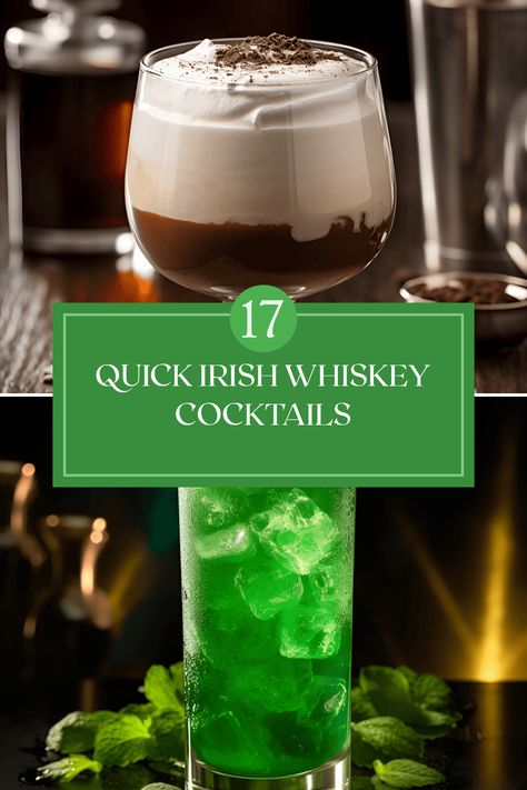 Discover how to whip up 17 delicious Irish whiskey cocktails in just minutes! Whether you're a fan of the classic Irish Coffee or want to try something fun like the Leprechaun cocktail, each drink offers a unique experience. From the rich and creamy Irish Cream cocktail with hints of chocolate to the refreshing blend of flavors in the Kilted Black Leprechaun, these cocktails are perfect for any occasion. Impress your friends with your mixology skills and enjoy making these easy-to-follow recipes for your next gathering. Green Whiskey Drink, Black Leprechaun, Irish Whiskey Cocktails, Irish Whiskey Drinks, Irish Cream Drinks, Leprechaun Cocktail, Wild Irish Rose, Whiskey Recipes, The Leprechaun