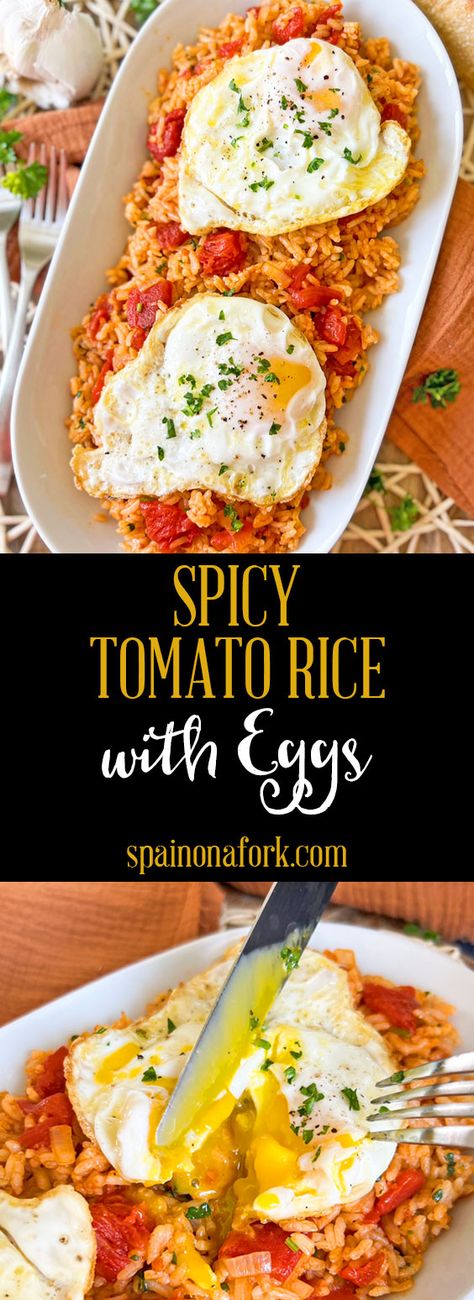 This Spicy Tomato Rice with Eggs is filled with simple & honest flavors, it´s easy to make and all done in just 30 minutes. Serve this dish next to a garden salad and a crunchy baguette for a complete and delicious meal. Eggs Rice And Beans Breakfast, Buttery Egg Rice, Eggs And Rice Recipes, Egg And Rice Recipes, Rice With Eggs, Spain Recipes, Rice And Eggs, Breakfast Alternatives, Tomato Breakfast