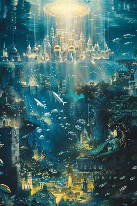 #aiart #underwater #atlantis Underwater Palace Fantasy Concept Art, Underwater Kingdom Fantasy Art, Atlantis Art Underwater City, Belize Painting, Atlantis The Lost Empire Aesthetic, Atlantis Illustration, Underwater City Concept Art, Underwater City Fantasy Art, Atlantis Concept Art