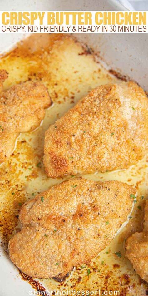 Crispy butter chicken is an easy oven baked fried chicken with just a few ingredients in 30 minutes that your kids will LOVE! #chicken #butter #butterchicken #friedchicken #baked #dinner #easydinner #weeknightmeal #crispychicken #dinnerthendessert Buttery Baked Chicken, Butter Baked Chicken, Buttered Chicken, Oven Baked Fried Chicken, Mozzarella Recipe, Baked Fried Chicken, Farmhouse Life, Seasoned Butter, Dinner Then Dessert