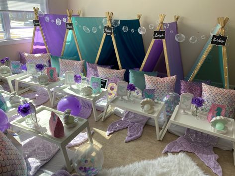 Mermaid Teepee Sleepover, Mermaid Themed Sleepover, Easter Sleepover Ideas, Mermaid Teepee Party, Sleepover Party Theme Ideas, Mermaid Tent Party, Mermaid Sleepover Party, Teepee Themes, Mermaid Picnic